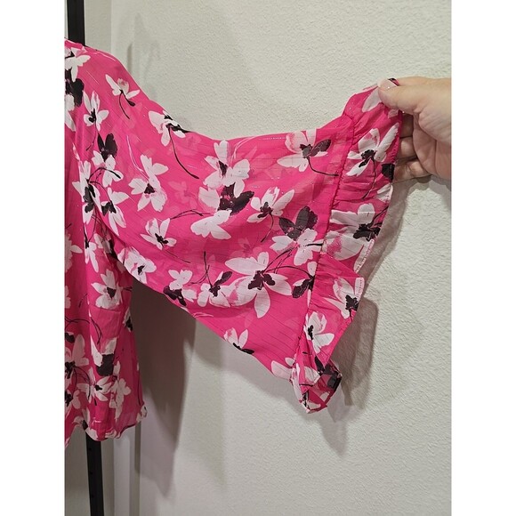Pink Floral Flare Ruffle Sleeve Office Career Dressy Modest Blouse Womens 14 16 - Picture 3 of 10